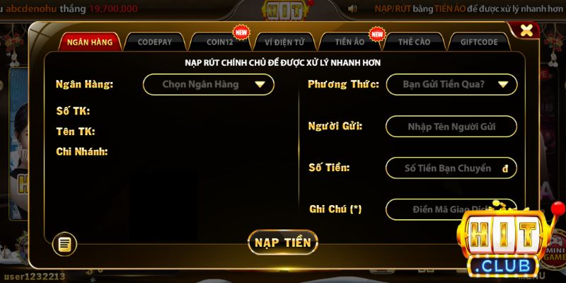 Cách nạp Hitclub thông qua ngân hàng