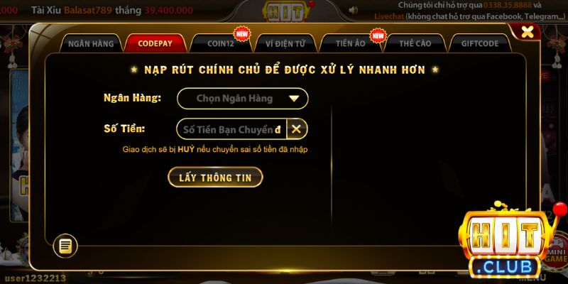 Nạp tiền vào tài khoản Hitclub để có thể chơi game